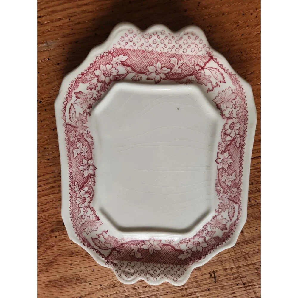 Vintage Red Transferware Sauce Tureen with Lid & Underplate Castle Boat Pattern